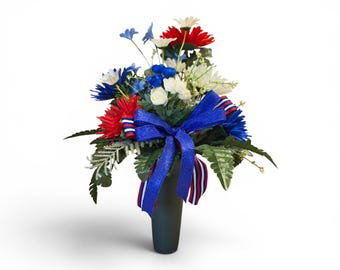 Patriotic Cemetery Vase Arrangement, Memorial Grave Cone, Red White Blue Gravesite Decoration, Floral Tribute Vase, Military Headstone