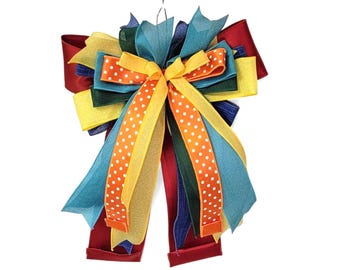 Large Handmade Multicolor Bow, Wreath Attachment, Colorful Reusable Door Decor, Polka Dot Ribbon Bow, Carnival Mailbox Décor, Lantern Bow