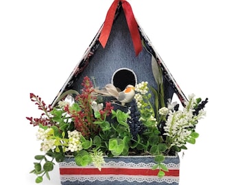 Primitive Patriotic Birdhouse Wreath Attachment, Americana Birdhouse Decor, Rustic Summer Centerpiece, Farmhouse 4th of July Wreath Accent