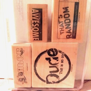 Stampin&#39; Up Retired So Cool Wood Mounted Rubber Stamp, Set of Four, Pre-Owned, Like New, Masculine, Awesome, Random Slang Designs, RARE