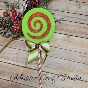 Lime Green and Red Swirl Fake Glitter Lollipop, Faux Candy Wreath Attachment, 5 inch Tree Ornament, Handmade Fake Candy, Lollipop