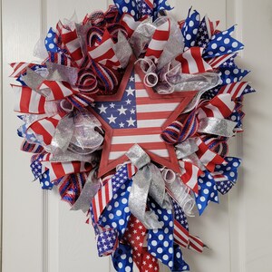 Patriotic Wreath, Veteran&#39;s Day, 4th of July Wreath, Star Wreath, Freedom Wreath, Summer, Red White and Blue Silver Wreath, Handmade