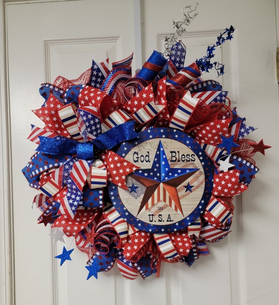 Patriotic Wreath Red White and Blue God Bless America for Labor Day, Veteran's Day, Freedom Wreath, Armistice Day, Summer, Handmade