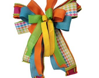 Colorful Spring Bow, Bright Summer Wreath Bow, Harlequin Ribbon Bow, Front Door Decor, Easter Fiesta Birthday Bow, Luxury Ribbon
