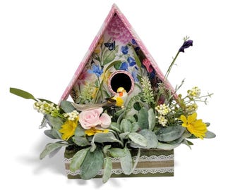Spring Birdhouse Centerpiece, Pink Floral Cottage Garden Table Decor, Faux Floral Arrangement, Easter Decoration, Wreath Attachment