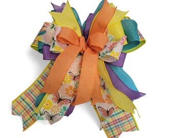 Spring Butterfly Bow, Pastel Wreath Bow, Easter Door Decor, Plaid Floral Ribbon Bow, Swag Topper, Reusable Door Decor, Mailbox, Lantern Bow