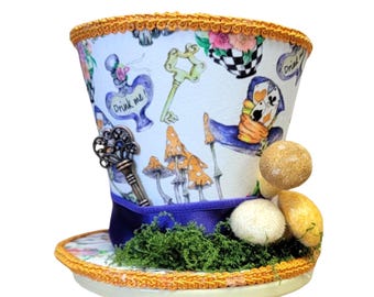 Whimsical Storybook Petite Top Hat Wreath Attachment with mushrooms, Fairy Land Decor for Centerpiece, Tea Party Decorative Hat