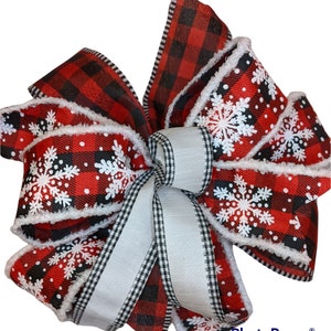 Red Buffalo Plaid Snowflake Bow, Snowflake Bow, Christmas Bow, Holiday Bow, Winter Bow, Gift Bow, Swag, Mailbox, Gift Bow