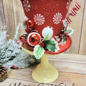 Red Peppermint Top Hat, Red with Peppermint Candy Wreath Attachment, 3-D Wreath Add-on, Snowman Hat, Festive Christmas, Small Tree Topper