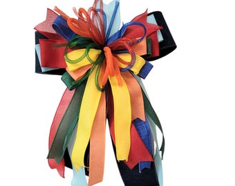Large Handmade Multicolor Rainbow Bow, Colorful Birthday Bow, Bright Rainbow Wreath Bow, Party Wreath Attachment