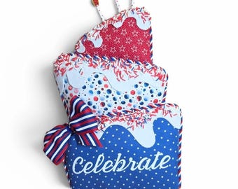 Birthday Party Wreath Attachment, Red White & Blue Cake Door Hanger, Reusable Celebration Door Hanger, Patriotic Fake Birthday Cake