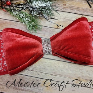 Red Velvet Large Fabric Bow with Silver Embossed Snowflake Base, Jumbo Bow Wreath Attachment, Big Dimensional Bow, Christmas, Whimsical Bow