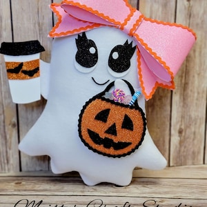 Cute Girl Ghost Halloween Wreath Attachment, 3 Options, Coffee & Candy Theme, Pink Bow, Purple Bow and Leopard Bow, White Ghost Attachment