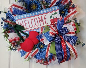 Patriotic Cherry Welcome Wreath, Red, White & Blue Summer Door Decor with Gingham, Sunflowers, Ribbons, Mother Day, Memorial Day, Patriotic