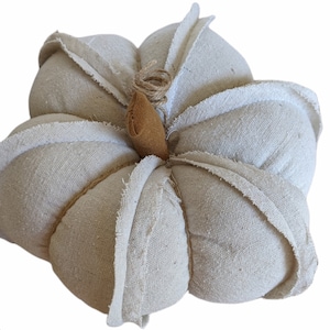 May include: A decorative, beige fabric pumpkin with a rustic aesthetic. The pumpkin is constructed from sections of textured fabric, with frayed edges adding to its charm. A brown, leaf-shaped accent and twine detail the top, creating a fall-themed accent piece.