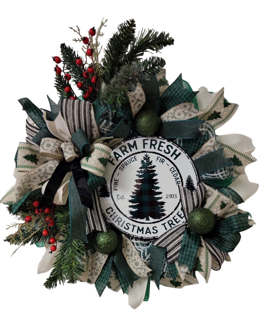 Emerald Green Farm Fresh Christmas Tree Wreath, Green Black Check