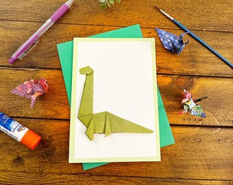 Tarjeta de felicitación de dinosaurio de origami, tarjeta de cumpleaños de los niños, tarjeta en blanco sólo porque, papelería de dinosaurio lindo, fiesta de dinosaurios