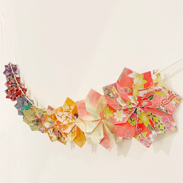 Origami Dahlia Paper Flower Garland, Baby Girl Nursery / Bedroom Bunting, Colorful Floral Garland, Paper Art