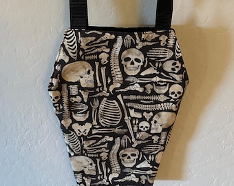 Handmade Coffin tote bag Anatomy Bones and skulls with zipper pocket