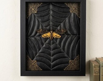 Death’s-Head Hawkmoth Shadow Box | Gothic Entomology Art | Handmade Spiderweb Display | Curio Cabinet Decor