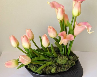 Handmade Artificial Floral Arrangement, Centerpiece, Tulip and Lily Arrangement, Fake Floral Arrangement, Real touch Floral Arrangement Gift