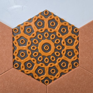 Puede incluir: Una baldosa decorativa con un patrón geométrico. El hexágono central presenta un fondo gris oscuro con un intrincado diseño naranja. Alrededor del hexágono hay baldosas de color terracota, creando un contraste visualmente atractivo. El diseño es simétrico y detallado.