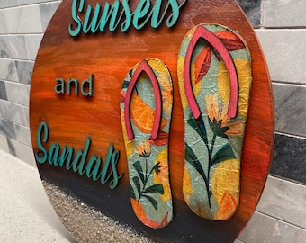 Sunsets and sandals 3D door hanger, flip flops, summer, beach, seashore, island, hand painted, paradise, island life, Florida