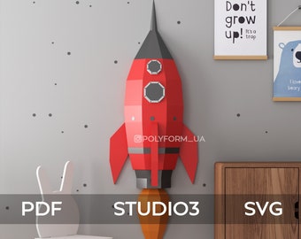 ROCKET Sculpture on the wall Low Poly Papercraft PDF template