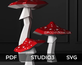 Mushrooms Fly agaric Low Poly Halloween Papercraft Svg PDF template