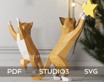 Katt med en stjärna låg poly jul papperspyssel SVG PDF-mall 3D-modell skulptur