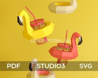 Stand de cóctel Flamingo Low Poly Papercraft Plantilla PDF Fiesta de verano