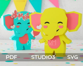 Elephant baby Low Cat leopard Birthday party Poly Papercraft PDF template DIY
