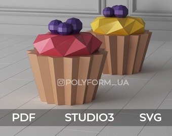 Giant Blueberry Cupcake Low Poly Papercraft PDF template Paper Food