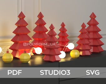 Christmas trees + Christmas ball Low Poly New Year Papercraft PDF template Decor