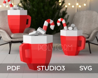 A cup of cocoa Christmas Low Poly Marshmallow New Year Papercraft PDF template