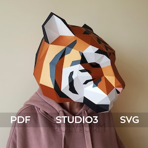 Maschera di tigre Low Poly Leone Animale Pantera Capodanno Papercraft PDF modello Halloween fai da te