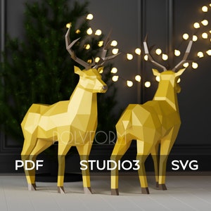 Deer Low Poly Christmas Papercraft new Year Decor PDF template 3d Model Sculpture