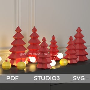 Christmas trees + Christmas ball Low Poly New Year Papercraft PDF template Decor