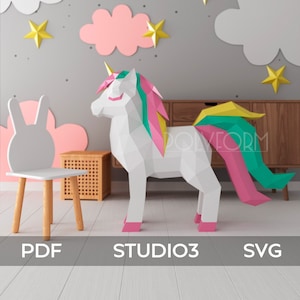 Unicornio Bajo Poly Cumpleaños Caballo Papercraft Decoración de plantilla PDF