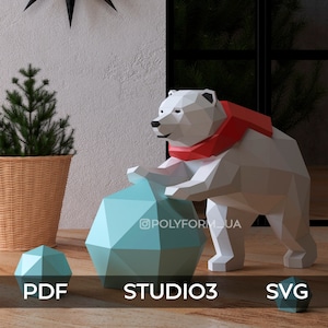 Bear with a snowball Low Poly Christmas svg Papercraft PDF template