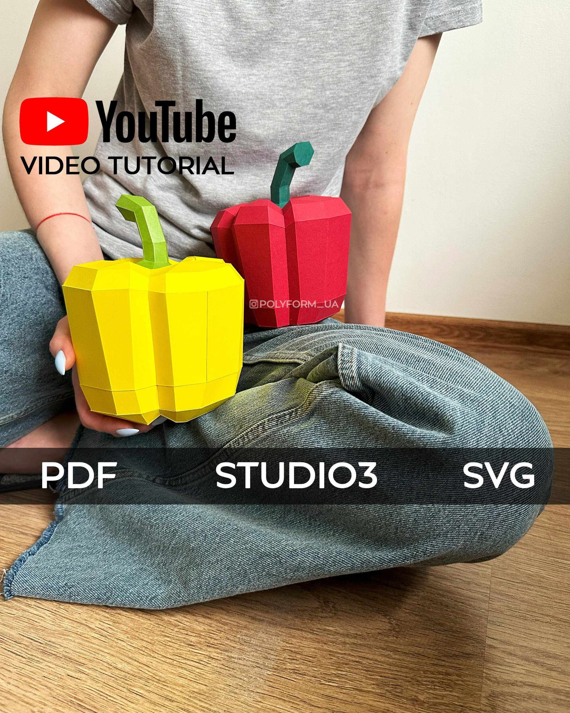Pepper Low Poly Papercraft PDF template Paper food Fruits Vegetables DIY