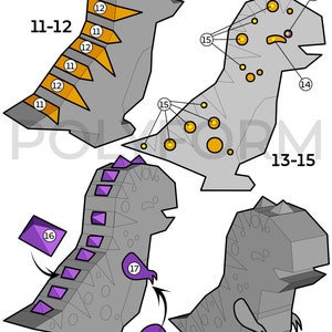 May include: A diagram showing how to assemble a papercraft dinosaur model. The diagram shows the different pieces of the model, numbered 11-18, and how they fit together. The dinosaur is gray with purple and orange accents.