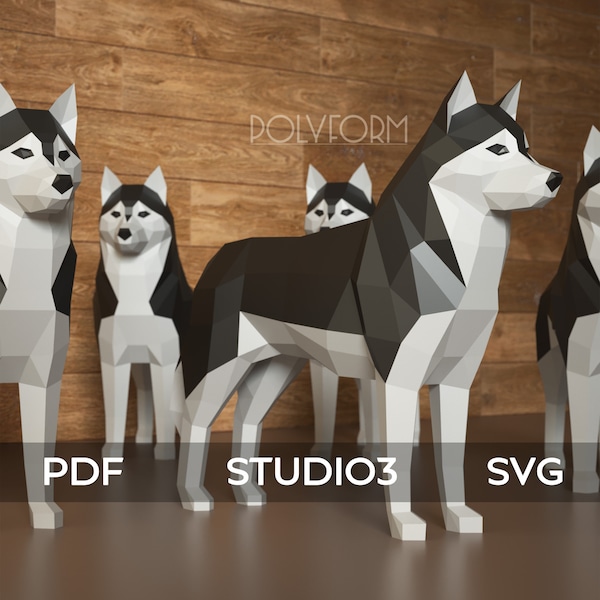 HUSKY Low Poly Hund Papercraft PDF Vorlage Dekor