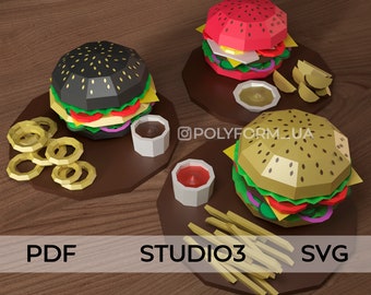 Burger Paper food Low Poly Papercraft svg PDF template