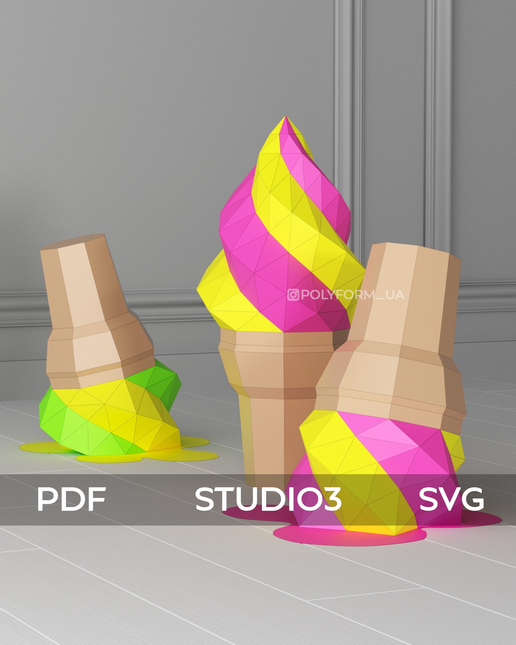Giant Ice Cream set Low Poly Papercraft PDF template DIY FOOD