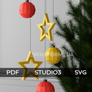 Weihnachtsdekoration, Weihnachten Neujahr BaumSpielzeug, Stern, Ball, Low Poly Papercraft PDF Vorlage Silhouette Studio 3d Skulptur