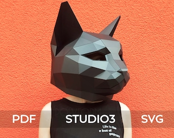 CAT MASK Low Poly Animal Halloween Dekor Papercraft PDF Vorlage