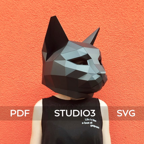 CAT MASK Low Poly Animal Halloween decor Papercraft PDF template