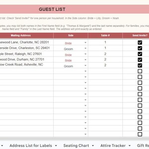 May include: A spreadsheet titled "GUEST LIST" with a pink header. The table includes columns for first and last names, mailing addresses, and table assignments. Checkboxes are present for sending invitations and offering plus-ones.