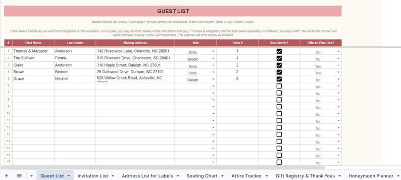 May include: A spreadsheet titled "GUEST LIST" with a pink header. The table includes columns for first and last names, mailing addresses, and table assignments. Checkboxes are present for sending invitations and offering plus-ones.